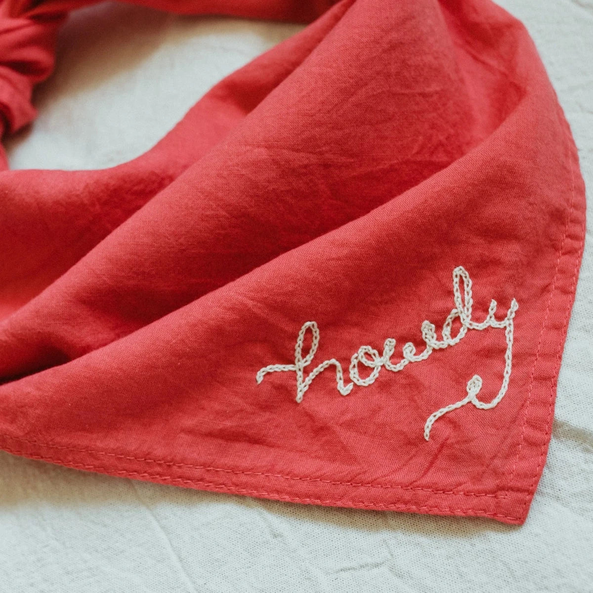 Strawberry Red Hand Embroidered Howdy Organic Cotton Bandana- Hand Dyed