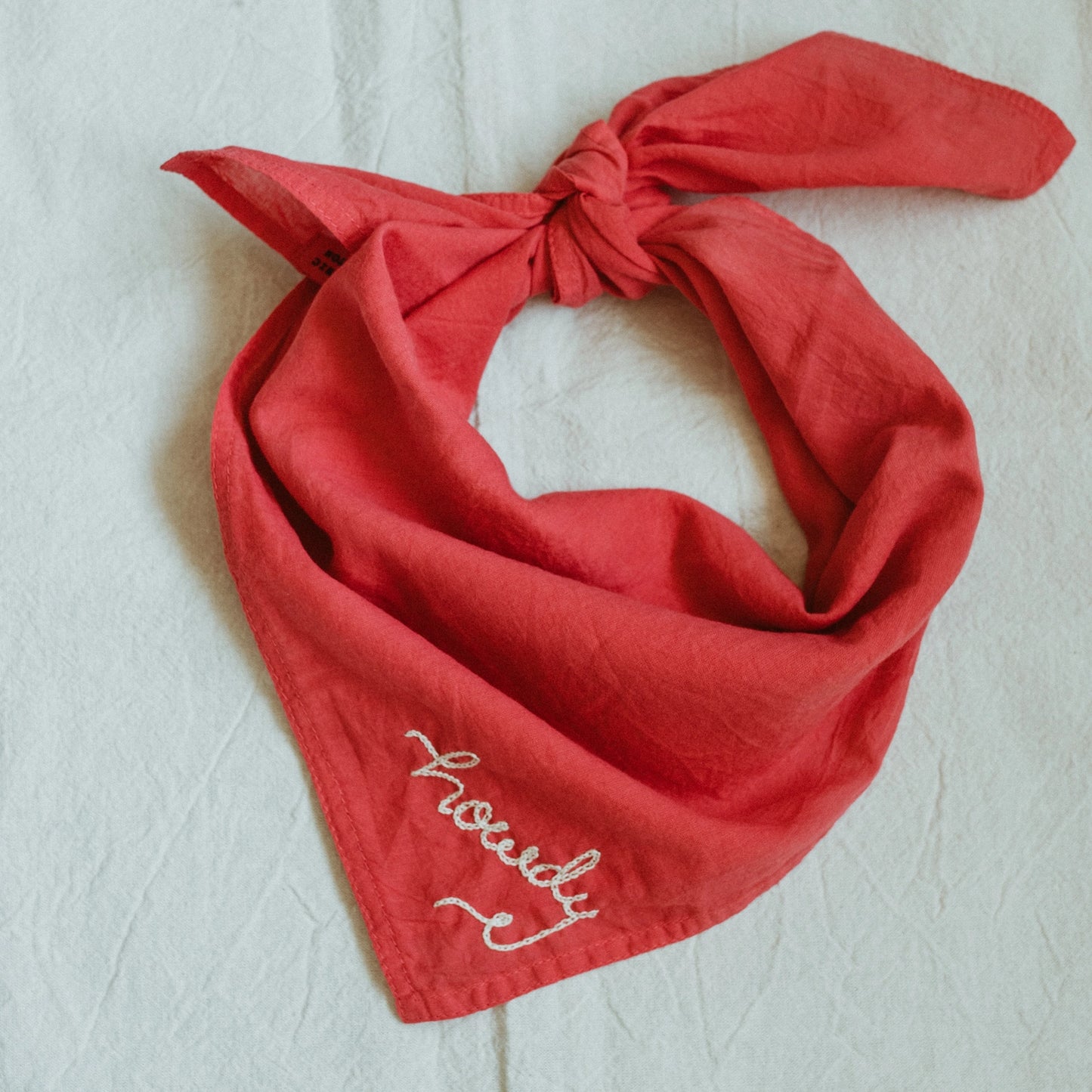 Strawberry Red Hand Embroidered Howdy Organic Cotton Bandana- Hand Dyed