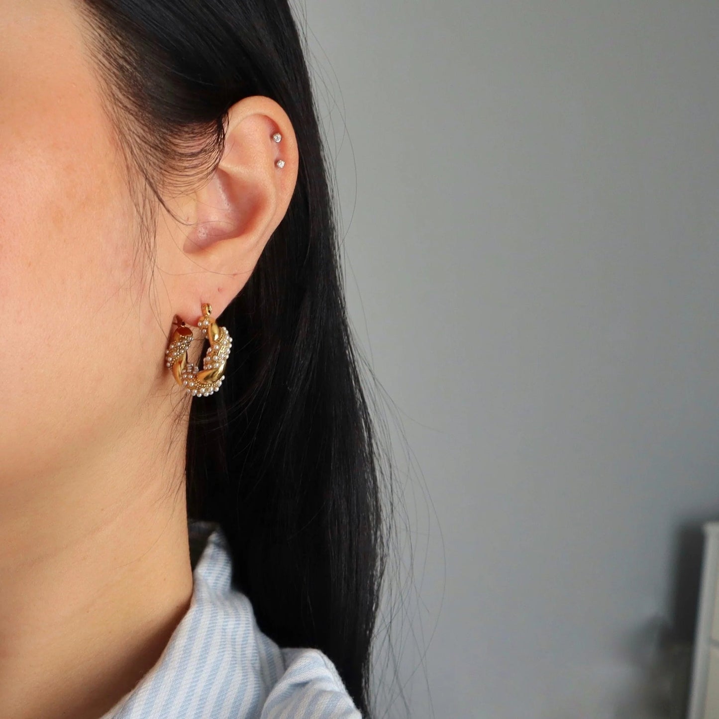 Nolita Pearl + Gold Twisted Hoops
