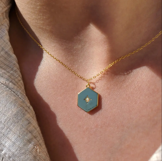 Hexagon Opal Pendant Necklace by HolyBang Jewels